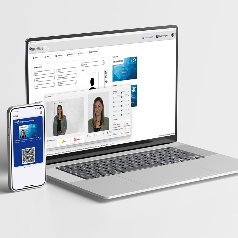 Identmedien Ausweisdruck mit ID.office Sky: Smartphone neben Laptop