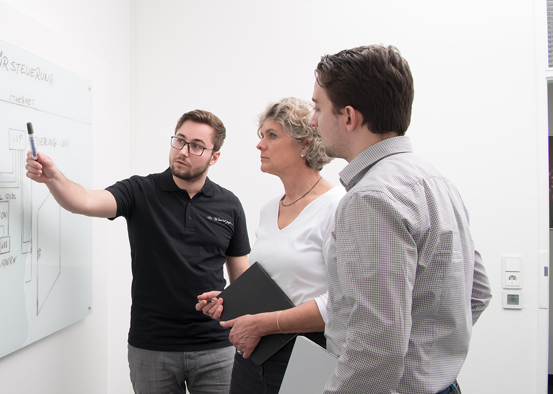 Personen in Meetingraum vor Whiteboard