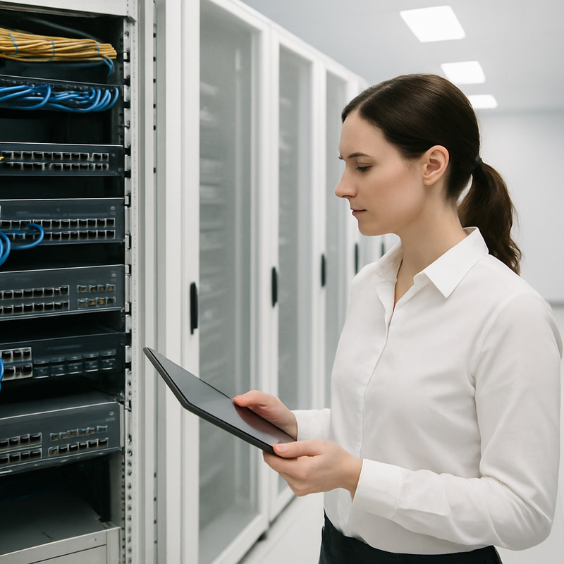 Frau neben Zutrittskontrollmanager INTUS ACM Rack